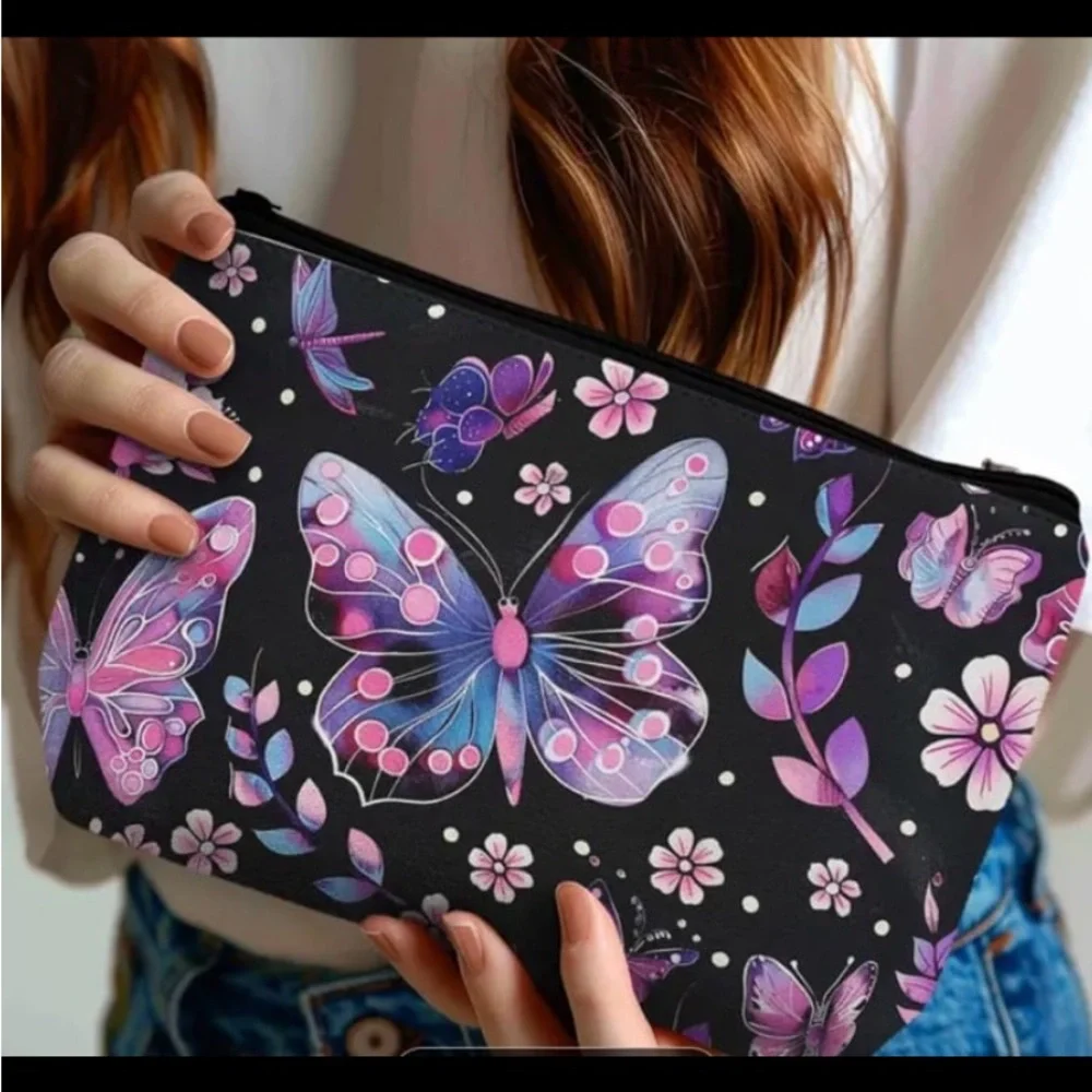New! Polyester Lightweight Butterfly Design Cosmetic Pouch with Zipper Closure.